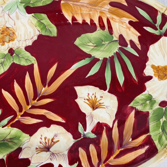 Home Trends HIBISCUS Bamboo Edge Ferns Floral Red Oval Ceramic Serving Platter - Picture 4 of 9